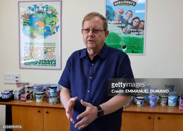 Ben & Jerry's Israeli franchise owner answers questions during an interview inside the Ben & Jerry's factory in Be'er Tuvia in southern Israel, on...