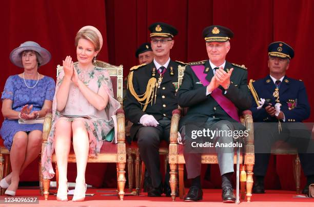 King Philippe of Belgium and Queen Mathilde attend the ceremony in front of the Royal Palace on the occasion of the National Day on July 21, 2021 in...