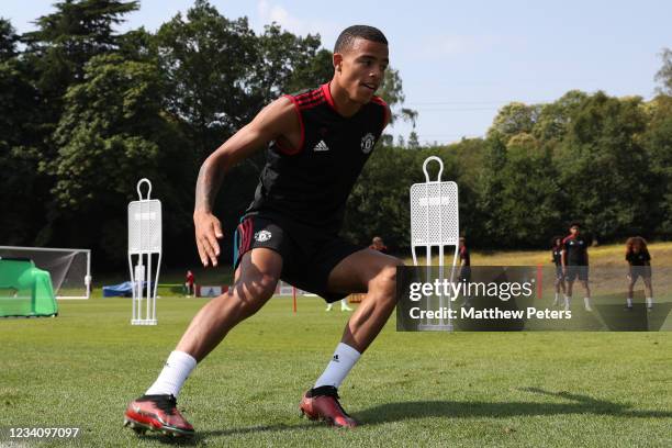 Mason Greenwood of Manchester United in action during a pre-season training session at Pennyhill Park on July 21, 2021 in Bagshot, England.