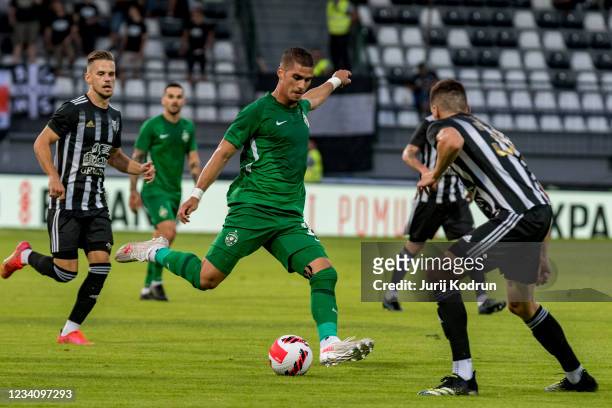 Pieros Sotiriou of PFC Ludogorets Razgrad shoots the ball during the UEFA Champions League second qualifying round first leg match between NS Mura...