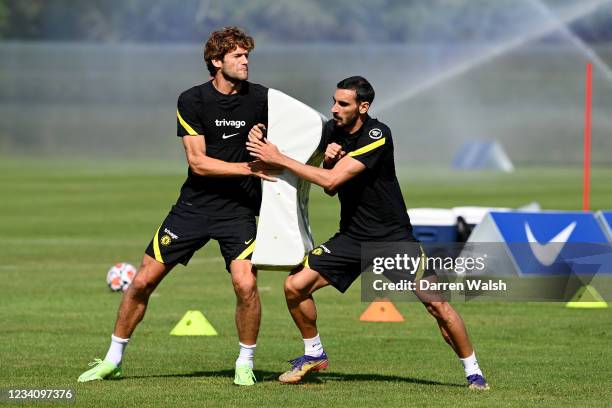 Marcos Alonso and Davide Zappacosta of Chelsea during a training session at Carton House Golf Club on July 21, 2021 in Maynooth, Ireland.