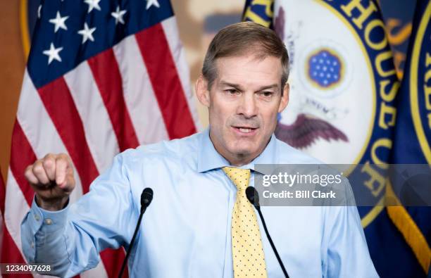 Rep. Jim Jordan, R-Ohio, speaks during Leader McCarthys news conference on Wednesday, July 21, 2021. Leader McCarthy announced he is pulling...