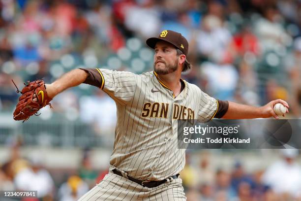 Drew Pomeranz of the San Diego Padres pitches in the sixth inning of an MLB game against the Atlanta Braves during game one of a doubleheader at...