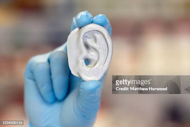 Close-up of a 3D printed ear at the Institute of Life Sciences at Swansea University on July 21, 2021 in Swansea, Wales. A three-year £2.5 million...