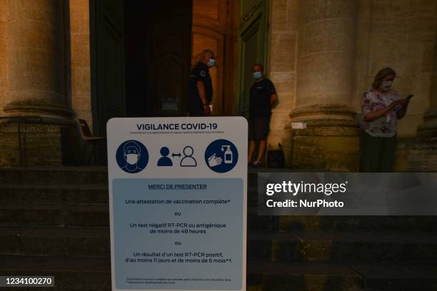 Sign 'Vigilance COVID-19' seen at the entrance to the abbey Saint Martin de Mondaye ahead of the opening concert of the Summer Soirees at the Abbey....