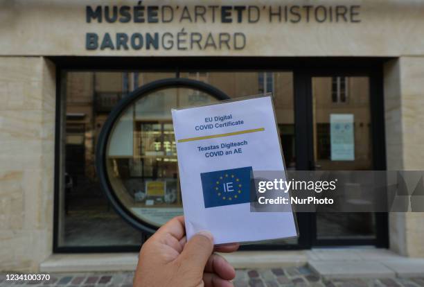 Digital certificate displayed in front of the entrance to the Museum of Art and History Baron Gerard in Bayeux. On Wednesday, July 21 in Bayeux,...