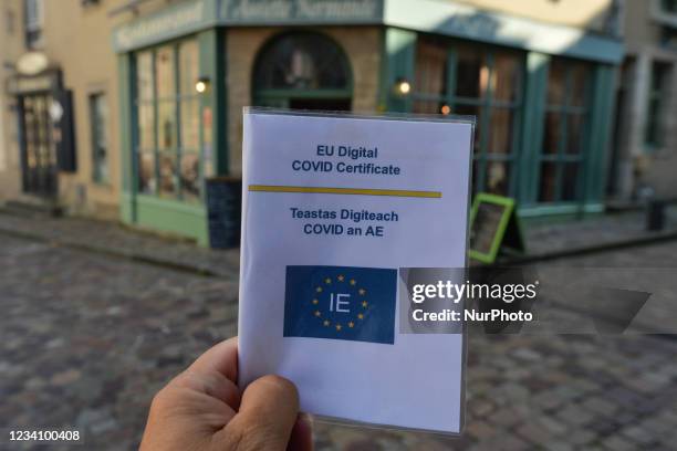 Digital certificate displayed in front of a restaurant in Bayeux. On Wednesday, July 21 in Bayeux, Calvados, Normandy, France.