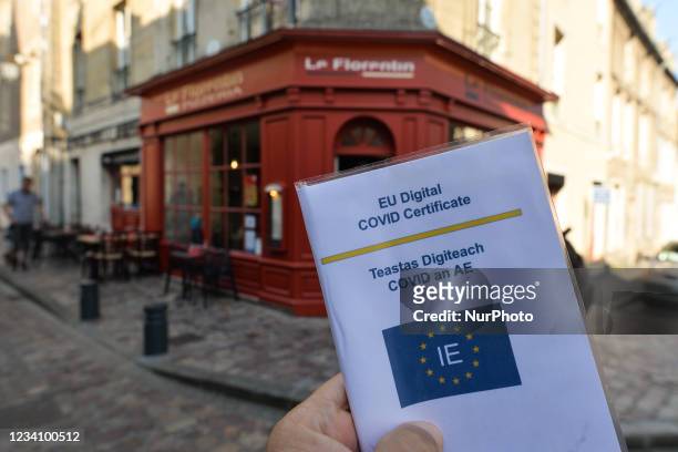 Digital certificate displayed in front of a restaurant in Bayeux. On Wednesday, July 21 in Bayeux, Calvados, Normandy, France.