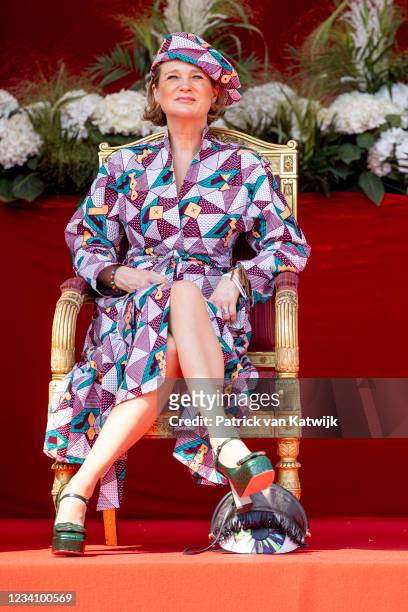 Princess Delphine de Saxe-Cobourg attend the military parade during the National Day on July 21, 2021 in Brussels, Belgium.