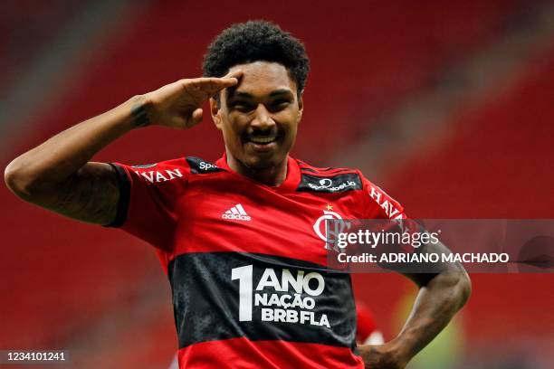 Brazil's Flamengo Vitinho celebrates after scoring against Argentina's Defensa y Justicia during the Copa Libertadores Copa Libertadores round of 16...