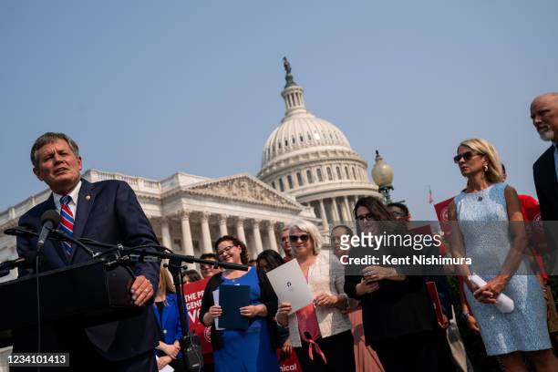 Sen. Steve Daines speaks during a pro-life event with Rep. Mary Miller and Rep. Chip Roy on Capitol Hill on Wednesday, July 21, 2021.