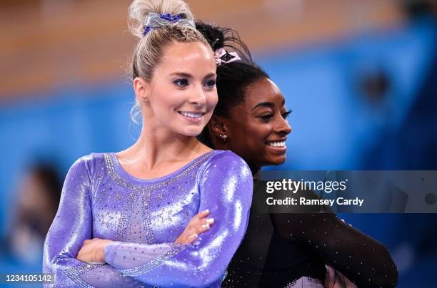 Tokyo , Japan - 22 July 2021; Mykayla Skinner, left, and Simone Biles of the United States during a training session at the Ariake Gymnastics Arena...