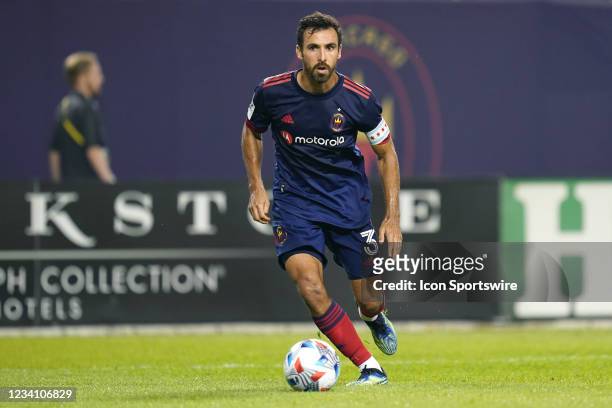 Chicago Fire defender Jonathan Bornstein dribbles the ball in action during a game between the Chicago Fire and D.C. United on July 21, 2021 at...