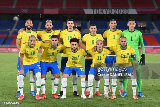 Brazil's forward Richarlison, Brazil's midfielder Bruno Guimaraes, Brazil's midfielder Claudinho, Brazil's forward Antony, Brazil's defender Dani...