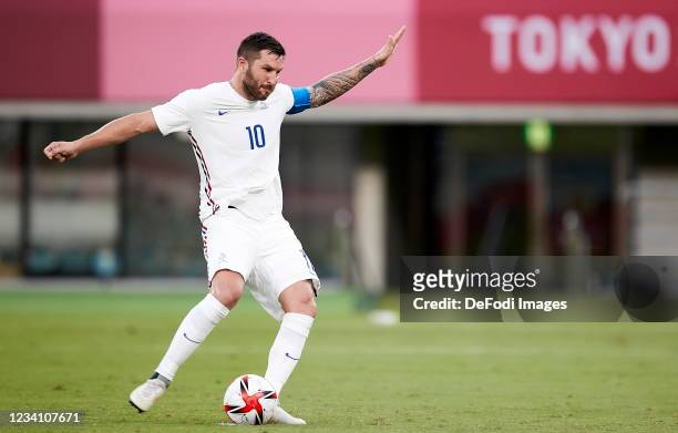 Andre-Pierre Gignac of France controls the ball in the Men's First Round Group A match between Mexico and France during the Tokyo 2020 Olympic Games...