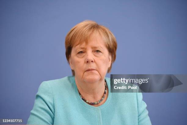 German Chancellor Angela Merkel holds a press conference on current topics of domestic and foreign policy on July 22, 2021 in Berlin, Germany.