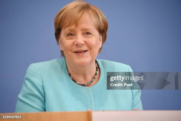 German Chancellor Angela Merkel holds a press conference on current topics of domestic and foreign policy on July 22, 2021 in Berlin, Germany.