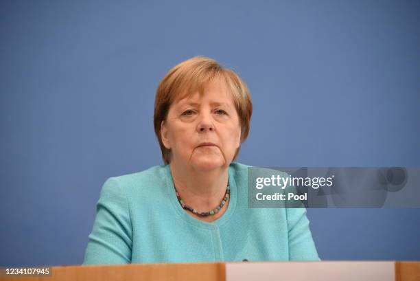 German Chancellor Angela Merkel holds a press conference on current topics of domestic and foreign policy on July 22, 2021 in Berlin, Germany.