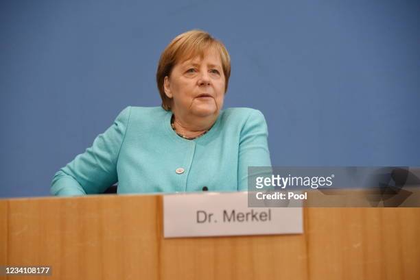 German Chancellor Angela Merkel holds a press conference on current topics of domestic and foreign policy on July 22, 2021 in Berlin, Germany.