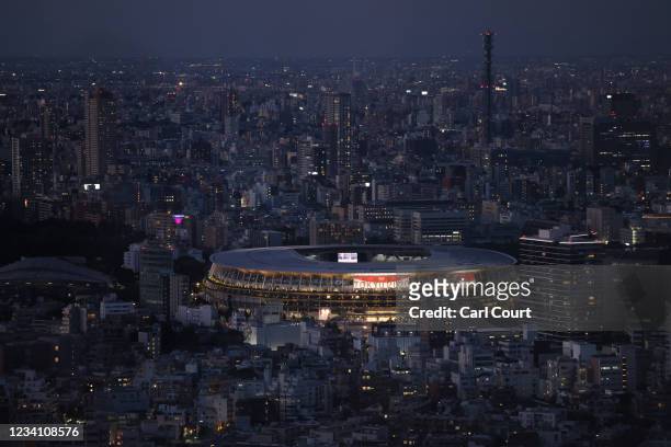 Tokyo Olympic Stadium is pictured from Shibuya Sky Deck on July 22, 2021 in Tokyo, Japan. Olympics opening ceremony director, Kentaro Kobayashi, has...