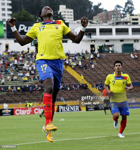 Ecuadorean footballer Jaime Ayovi celebrates after scoring against Jamaica during their FIFA friendly match at Atahualpa Stadium in Quito, Ecuador,...