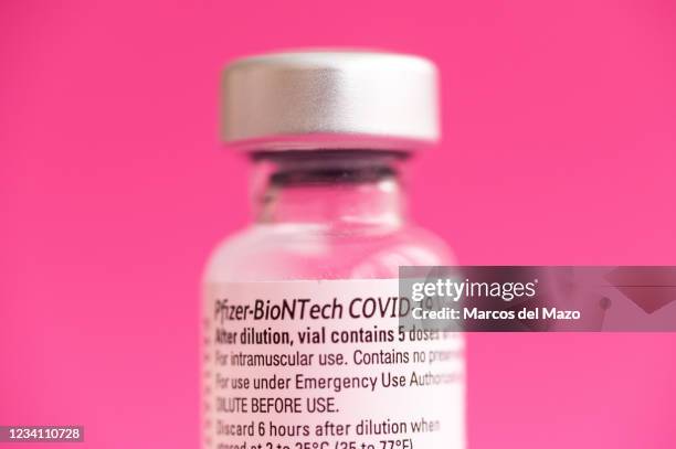 In this photo illustration a vial of Pfizer BioNTech vaccine for coronavirus treatment. Spain has exceeded 50% of the population vaccinated with the...