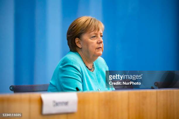 German Chancellor Angela Merkel holds her annual summer press conference at the Bundespressekonferenz in Berlin, Germany on July 22, 2021.