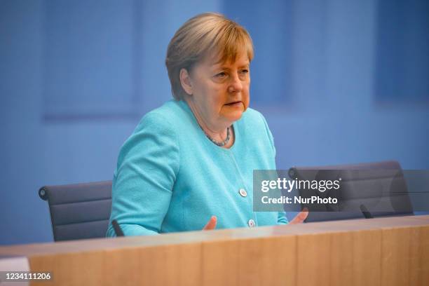 German Chancellor Angela Merkel holds her annual summer press conference at the Bundespressekonferenz in Berlin, Germany on July 22, 2021.