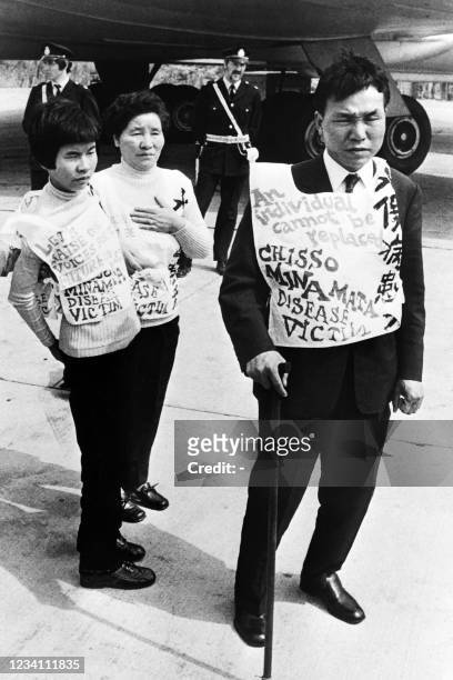 Three Japanese demonstrators, victims of the Chisso-Minamata disease, protest against industrial pollution, on June 9, 1972 in Stockholm during the...
