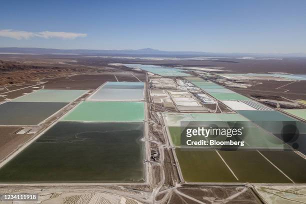 Brine pools at the Albemarle Corp. Lithium mine in Calama, Antofagasta region, Chile, on Tuesday, July 20, 2021. Albemarle Corp., the world's biggest...