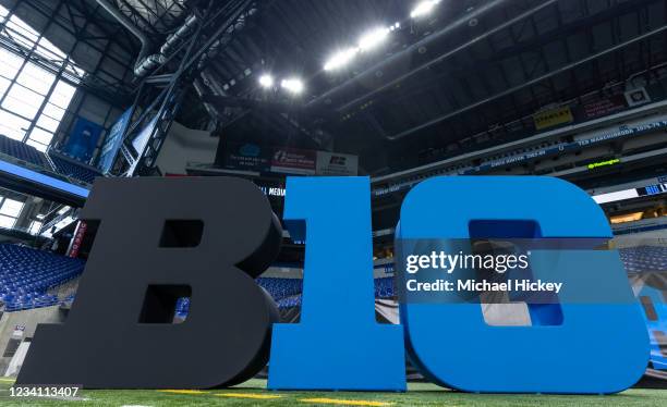 The Big Ten Conference logo is seen on the field during the Big Ten Football Media Days at Lucas Oil Stadium on July 22, 2021 in Indianapolis,...