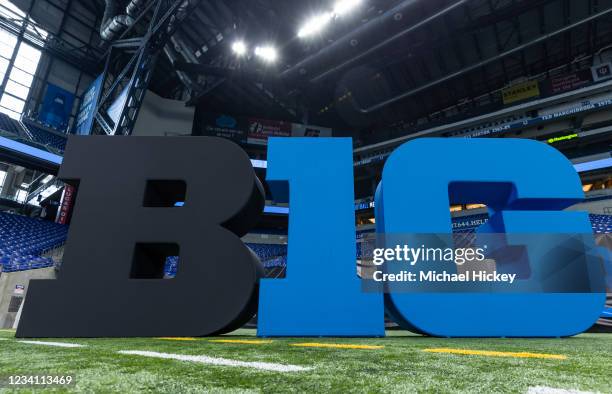 The Big Ten Conference logo is seen on the field during the Big Ten Football Media Days at Lucas Oil Stadium on July 22, 2021 in Indianapolis,...