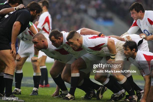 Rugby Union, England v New Zealand, Carl Hayman of New Zealand watches as the England forwards wait for the scrummage.