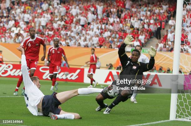 World Cup 2006, England v Trinidad & Tobago, Peter Crouch of England has his shot on goal saved by Trinidad & Tobago goalkeeper Shaka Hislop.