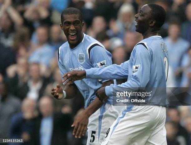 Premiership - Manchester City v West Ham United, Andrew Cole of Manchester City jokes with Sylvain Distin of Manchester City after his goal against...