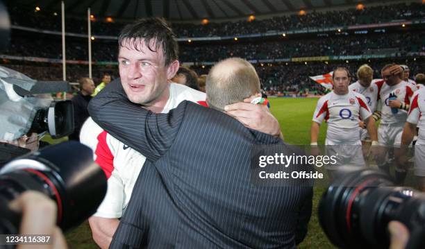 International Rugby, England v South Africa, England Captain Martin Corry celebrates victory over South Africa with England Head Coach Andy Robinson.