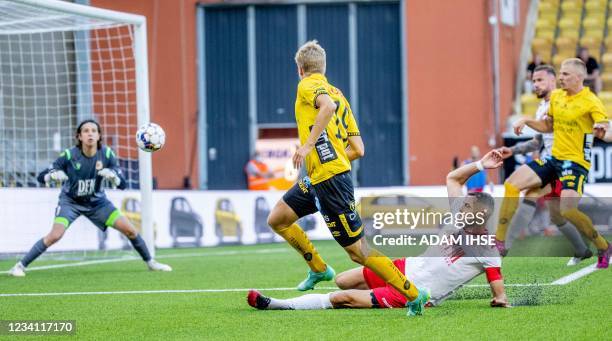 Elfsborg's Danish midfielder Jeppe Okkels passes Milsami's Moldovan defender Vadim Bolohan during the UEFA Champions League qualifying football match...