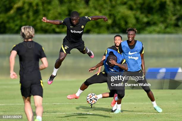 Malang Sarr, Ike Ugbo and Tammy Abraham of Chelsea in action during a Training ground pre season friendly match between Chelsea FC and Chelsea FC at...