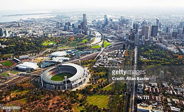 view over melbourne at dusk - melbourne australia stock pictures, royalty-free photos & images