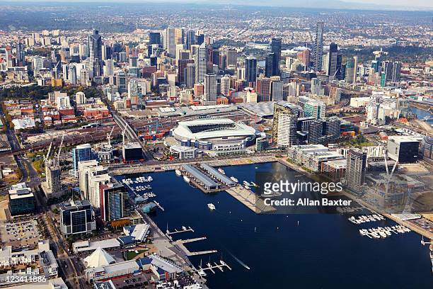 view over victoria harbour and telstra dome - docklands stadium melbourne stock pictures, royalty-free photos & images