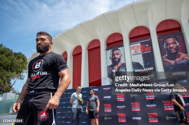 Inglewood, CA Champion Patricio "Pitbull" Freire during the Bellator 263 open workout at The Forum in Inglewood, Thursday, July 22, 2021. The card...