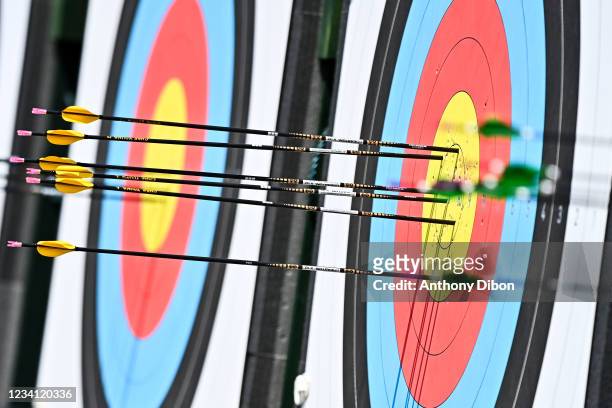 Illustration picture shows arrows on target during the women's qualification round of archery at Yumenoshima Park Archery Field on July 23, 2021 in...