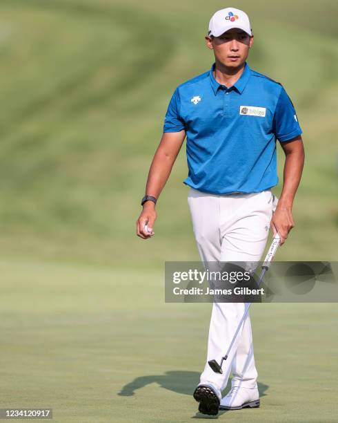 Whee Kim of South Korea looks on from the 9th green during the first round of the Price Cutter Charity Championship presented by Dr. Pepper at...