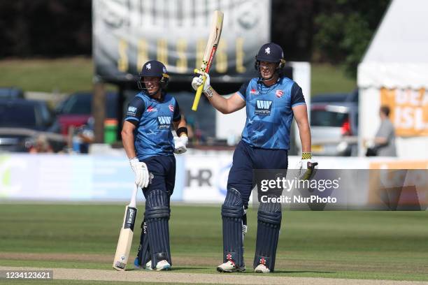 George Munsey of Kent celebrates his half century during the Royal London One Day Cup match between Kent and Durham at the County Ground, Beckenham,...