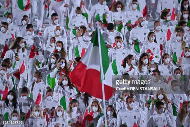 Italy's delegation parade during the opening ceremony of the Tokyo 2020 Olympic Games, at the Olympic Stadium, in Tokyo, on July 23, 2021.