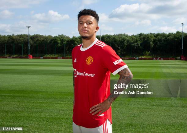New signing Jadon Sancho of Manchester United is unveiled at Carrington Training Ground on July 23, 2021 in Manchester, England.