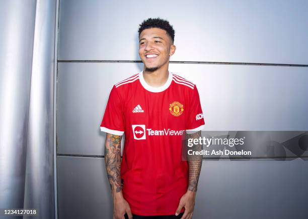 New signing Jadon Sancho of Manchester United is unveiled at Carrington Training Ground on July 23, 2021 in Manchester, England.