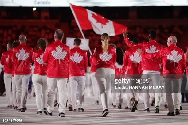 Canada's delegation enters the Olympic Stadium during Tokyo 2020 Olympic Games opening ceremony's parade of athletes, in Tokyo on July 23, 2021.
