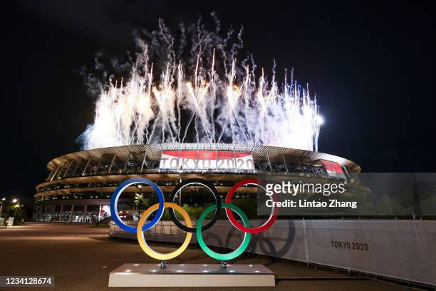 General view outside the stadium as fireworks are let off during the Opening Ceremony of the Tokyo 2020 Olympic Games at Olympic Stadium on July 23,...