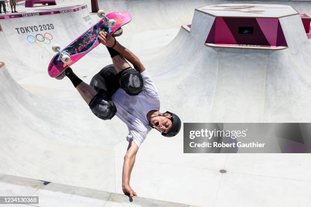 Tokyo, Japan, Friday, July 23, 2021 - Scenes from the Ariake Urban Sports Park where Olympic skateboarders practice before competition starts in a...